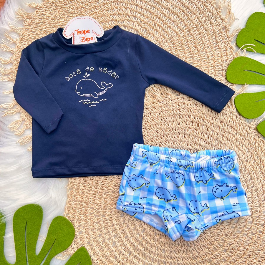Conj. Blusa Hora de Nadar com Proteção UV50+ e Sunga Baleias - Marinho